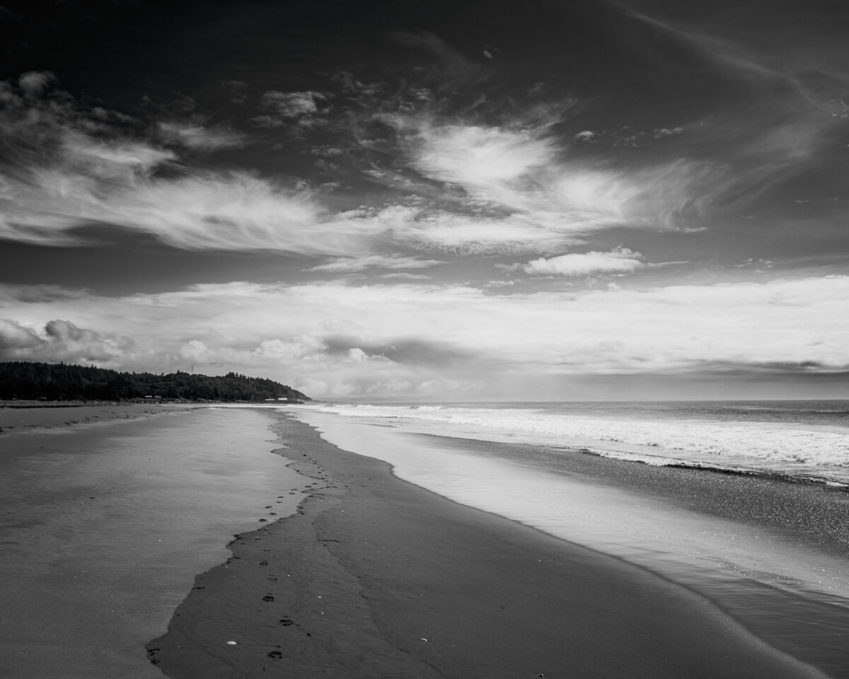 Image 7/8 of a black and white landscape photography project captured along the ocean beach at North Cove, Washington.