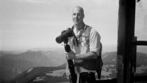 A photograph of Steve Bisig at the Fremont Lookout in Mt Rainier National Park, washington,