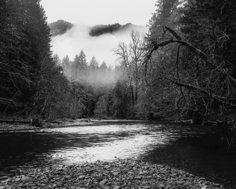 Morning fog lifts above the Wind River, revealing forested hills in the western Cascades near Carson, Washington.